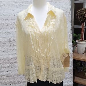Coldwater Creek Lt Yellow Lace Ruffle Peplum Button-Up Shirt Womens PXL, Crinkle